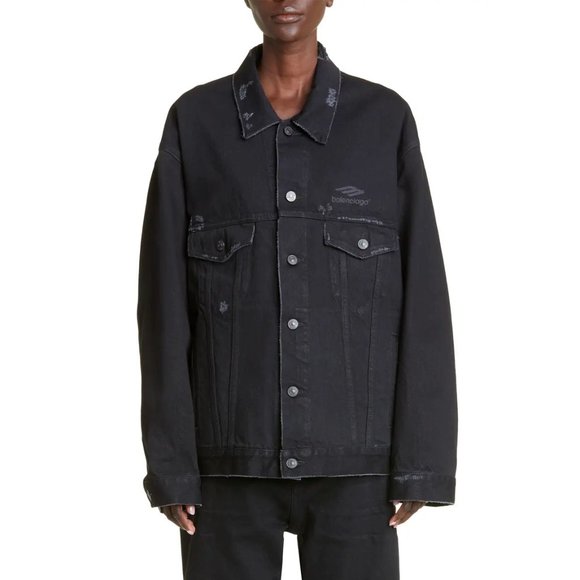 NWT - Balenciaga Logo Oversized Distressed Black Denim Jacket - M - Picture 1 of 6
